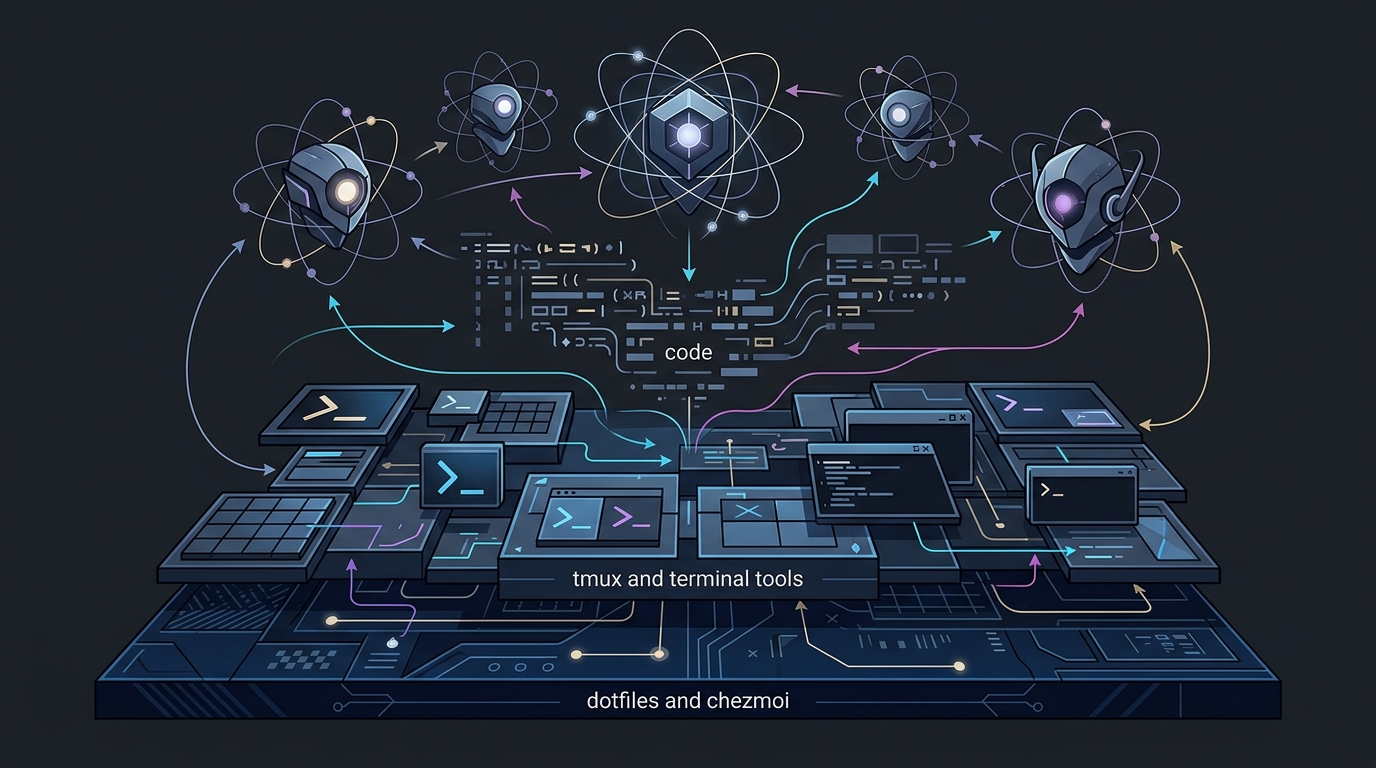 Abstract layered AI operating system: dotfiles base, terminal tools, and coordinated agent workers