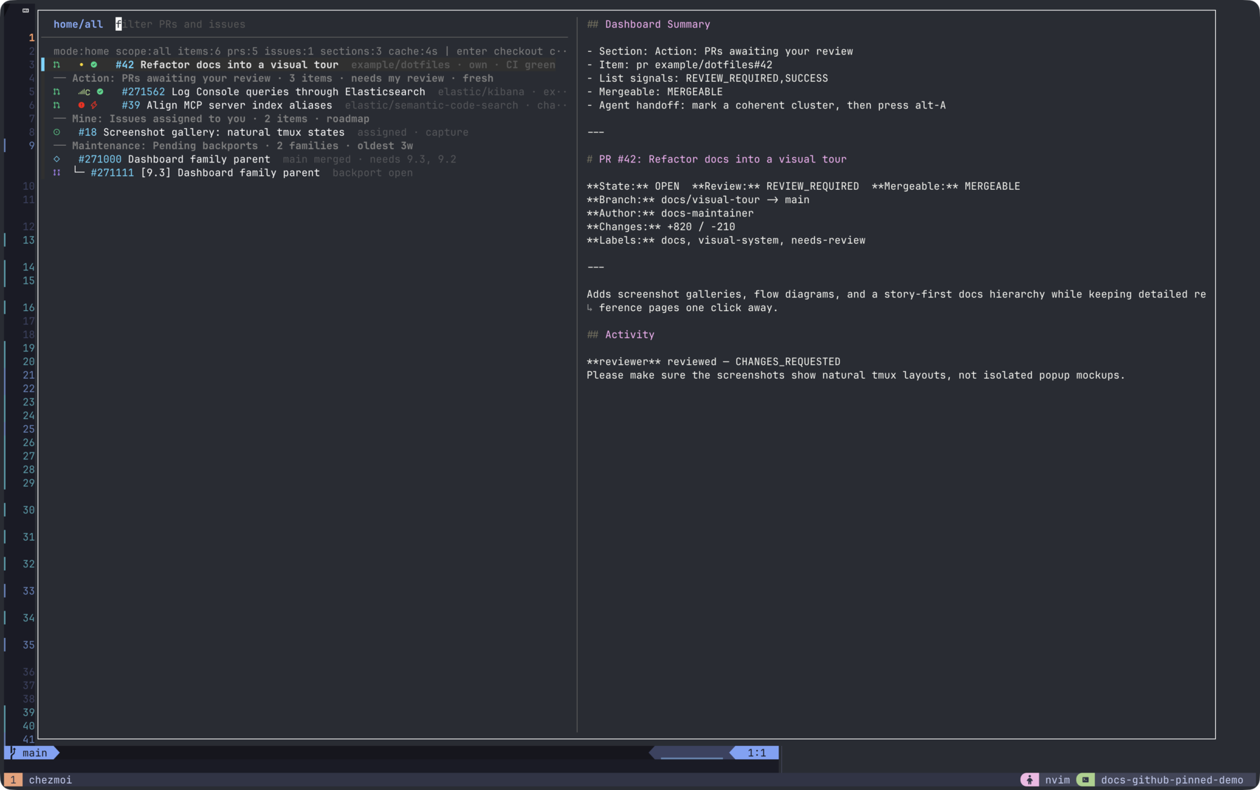 GitHub picker popup over the tmux workbench, with safe demo rows for own PRs, external reviews, issues, epics, and pending backports